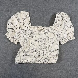 Monteau Blouse Womens Small White Floral Puff Sleeve Cropped Boho Top Fairycore